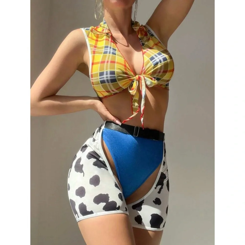 Cowgirl Plaid Animal Print Cosplay Festival Halloween Cheeky Costume 3-Piece Set